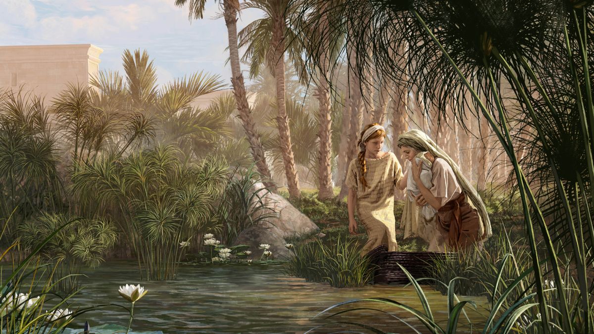 Jochebed und Mirjam legen den kleinen Moses in einen Papyruskorb, der am Nilufer im Schilf schwimmt.