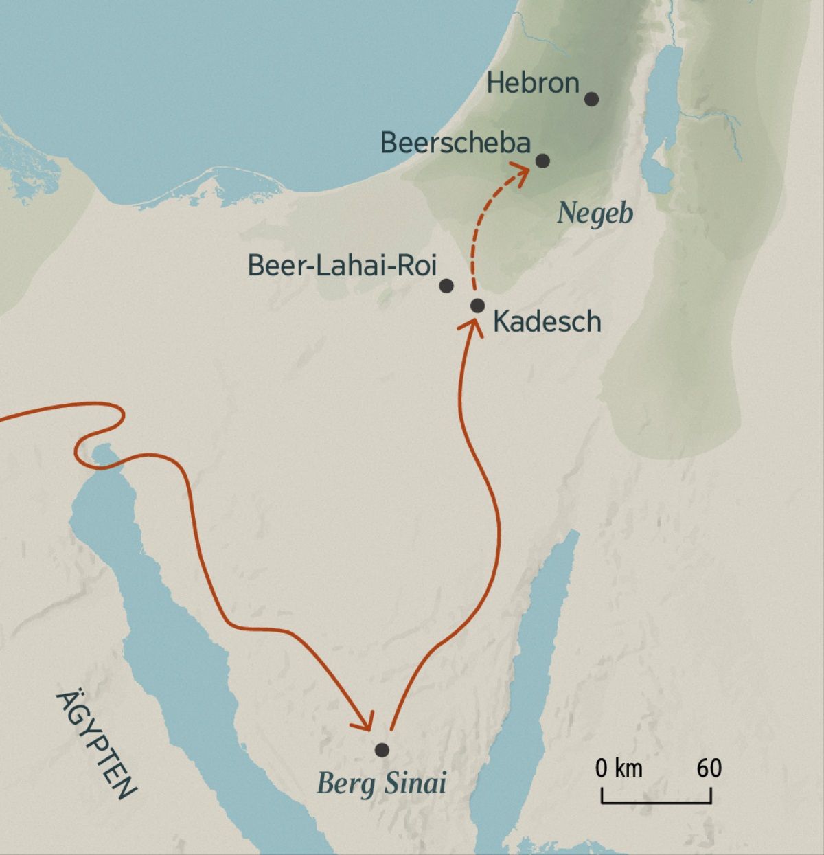 Eine Karte, auf der der weite Weg der Israeliten von Ägypten über den Berg Sinai nach Kadesch eingezeichnet ist. Man sieht im Vergleich dazu, wie kurz die Strecke von Kadesch nach Beerscheba und Hebron im verheißenen Land gewesen wäre.
