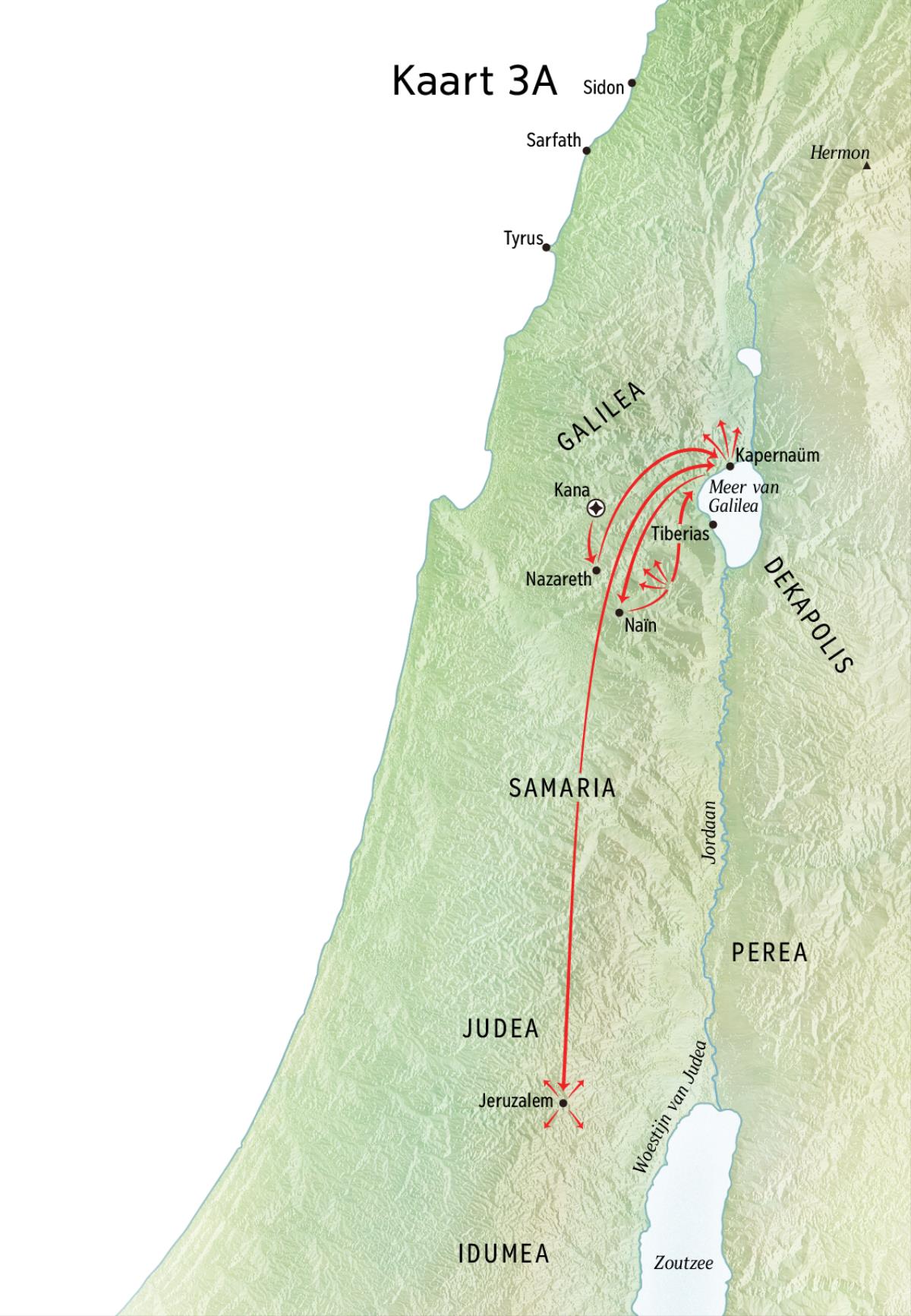 Kaart van Jezus’ bediening in Galilea, Kapernaüm en Kana