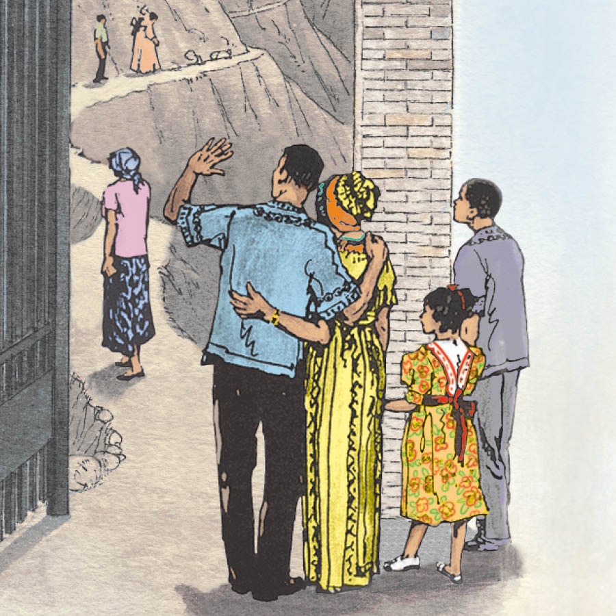 A family stands beside a narrow gate and looks at people on a cramped road