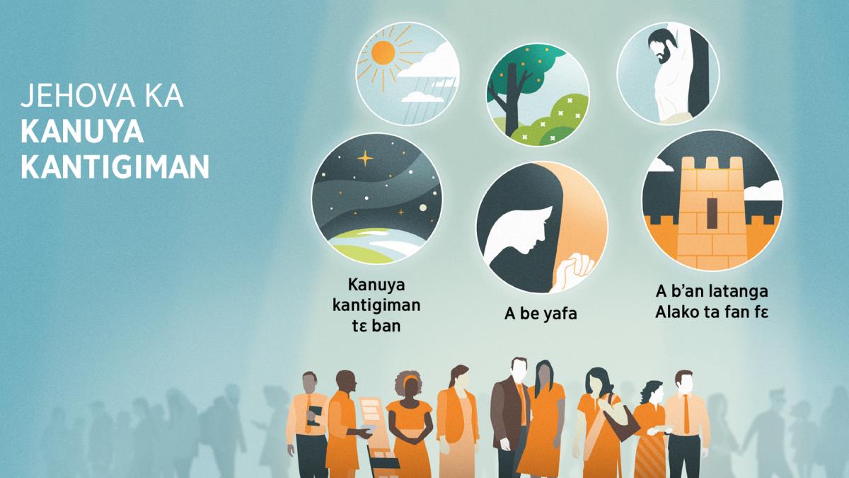 Adamadenw bɛɛ cɛma, Jehova sagokɛlaw yirala. Jaaw: Jehova ka kanuya kantigiman yiracogow. 1. Kanuya kantigiman tɛ ban, o yirala dugukolo ani sankolo jaa fɛ. O sankolo fanin lo ni lolow ye. 2. A be yafa, o yirala balimamuso dɔ jaa fɛ min be delili kɛra. 3. A b’an latanga Alako ta fan fɛ, o yirala dugu barikaman dɔ jaa fɛ. Sanfɛyɔrɔ la, a yirala cogo minw na Jehova b’a ka kanuya yira adamadenw bɛɛ la. 1. Tile yeelen ani sanji. 2. Filɛruw, biinw ani yiriw. 3. Kunmabɔsara.