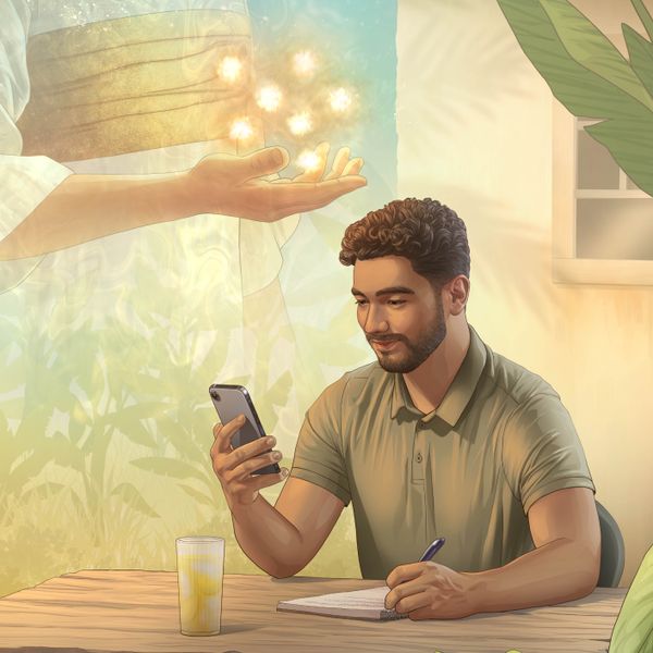Serie de fotos: 1. Jesús con siete estrellas en la mano derecha. 2. Un hermano sentado a la mesa en el jardín de su casa; estudia con un teléfono celular y una libreta.