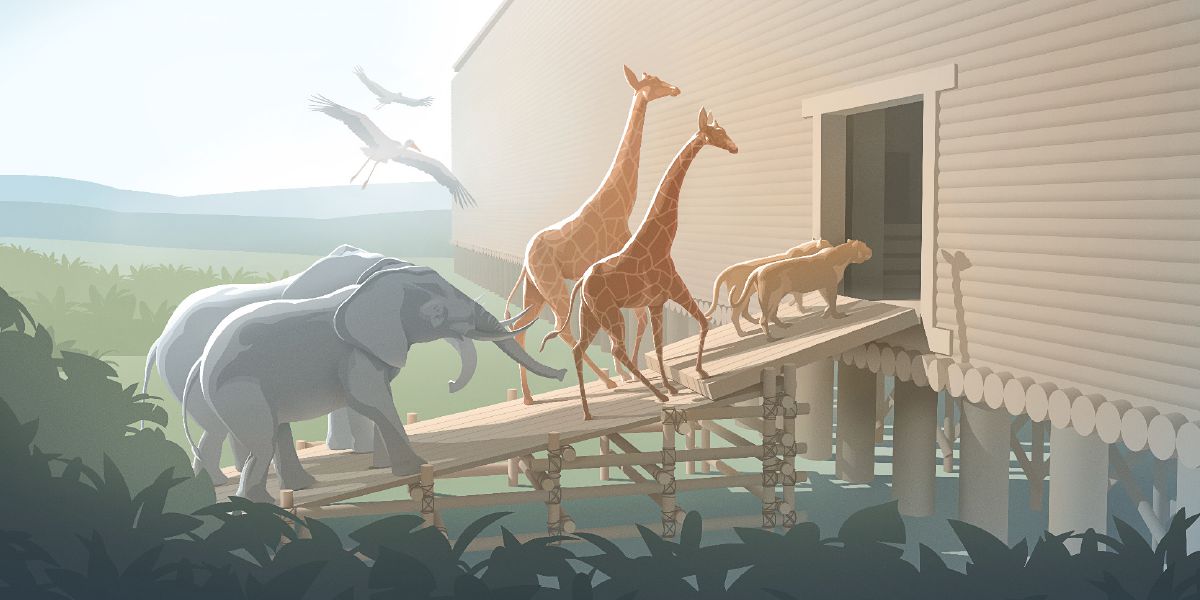 Elefantes, jirafas, leones y aves entrando en el arca