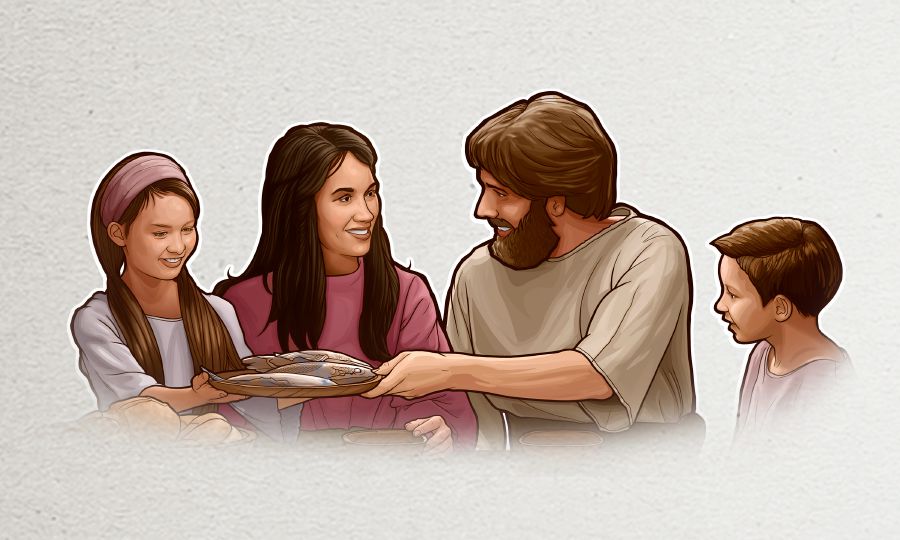 Un hombre comiendo con su familia