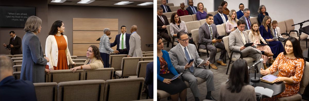 Fotos de los dos solteros de las fotos anteriores observándose uno a otro con discreción en el Salón del Reino. 1. La hermana se fija en cómo el hermano conversa con un matrimonio de edad avanzada. 2. El hermano se fija en la hermana mientras ella participa en una demostración en la reunión de entre semana.