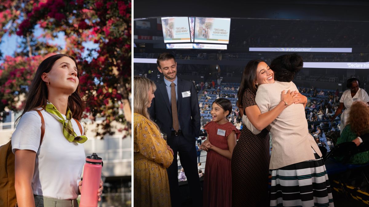 Fotos: 1. Una hermana observa con admiración un árbol hermoso. 2. Después, abraza a otra hermana en una asamblea regional. Otros asistentes a la asamblea conversan animadamente.