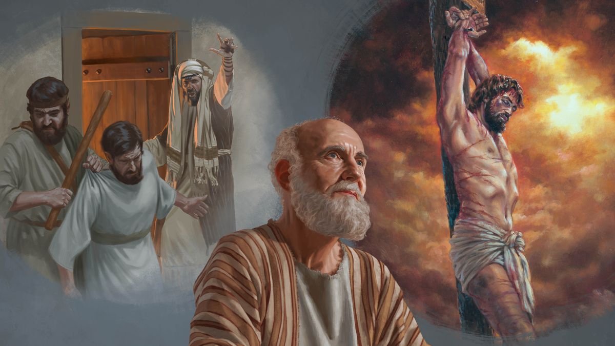 Serie de fotos: 1. El apóstol Pablo meditando. 2. Recuerda cierta ocasión años atrás en la que le ordenó a un guardia que sacara por la fuerza a un cristiano de su casa. 3. Medita en cómo Jesús murió en un madero de tormento.