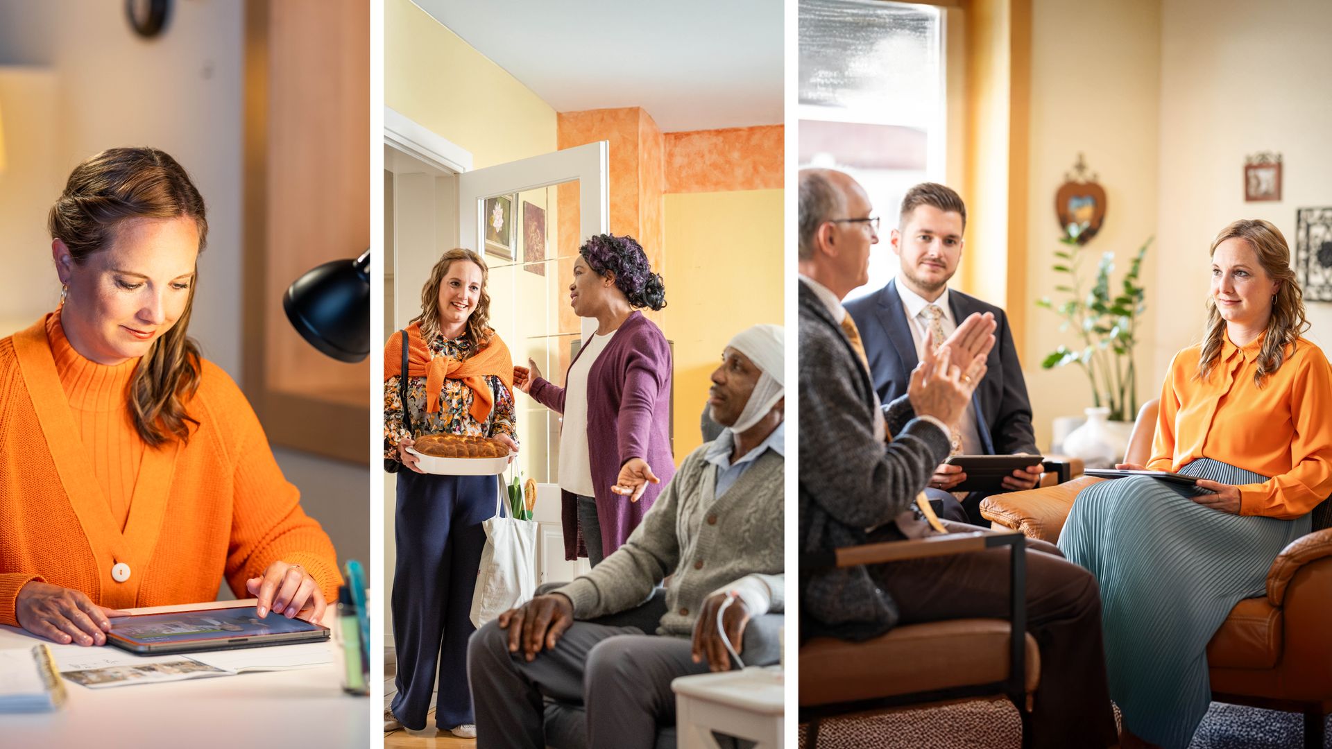 Fotos: La hermana de la imagen anterior continúa satisfaciendo sus necesidades espirituales. 1. Estudia un artículo de “La Atalaya”. 2. Va a casa de un matrimonio a llevarles comida. El esposo está sentado en una butaca con la cabeza vendada y tiene en el brazo una vía intravenosa para recibir medicamentos. 3. Dos ancianos están haciéndole a la hermana una visita de pastoreo.