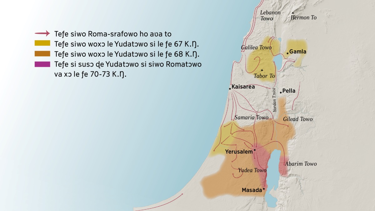 Anyigbatata si ɖe afi si Israel duwo kple tonutowo nɔ le ƒe alafa agbãtɔ me la fia. Tonuto siwo le Yerusalem ƒe dziehekpa dzie nye Lebanon towo, Galilea towo, Samaria towo, Gilead towo, Hermon To kple Tabor To la. Dugã siwo le Yerusalem ƒe dziehekpa dzie nye Gamla, Kaisarea, kple Pella. Yudea towo kple Abarim towo, kpakple Masada dua le Yerusalem ƒe anyiehekpa dzi. Anyigbatata sia ɖe teƒe siwo Roma-srafowo ho aʋa to kple teƒe siwo woxɔ le Yudatɔwo si tso ƒe 67 K.Ŋ. va ɖo 73 K.Ŋ. me hã fia.