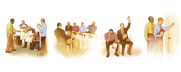 A Kingdom publisher witnesses to a group of men, but only one of them takes a stand for Jehovah