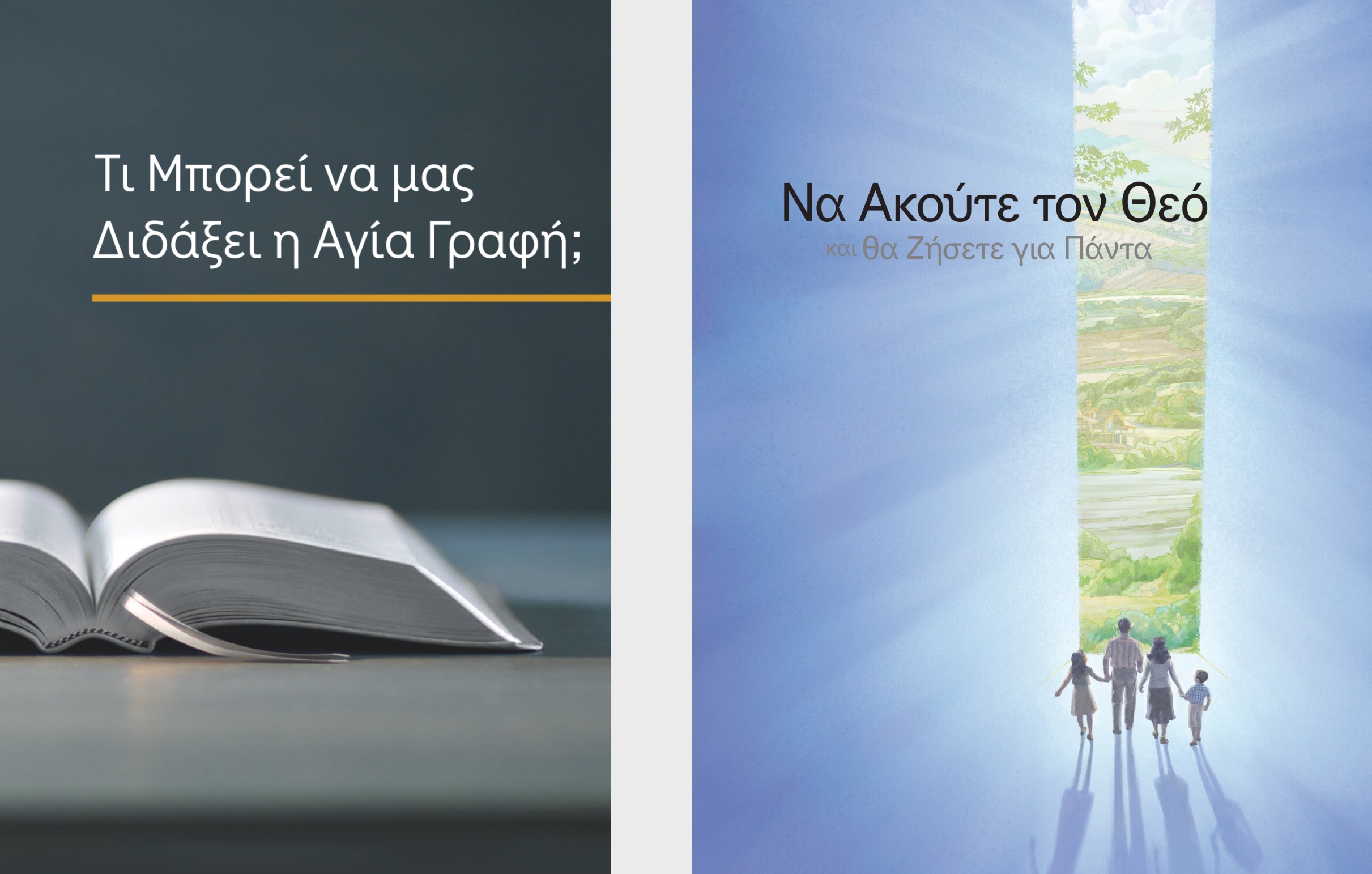 Το βιβλίο “Τι Μπορεί να μας Διδάξει η Αγία Γραφή;” και το ειδικό βιβλιάριο “Να Ακούτε τον Θεό και θα Ζήσετε για Πάντα”.