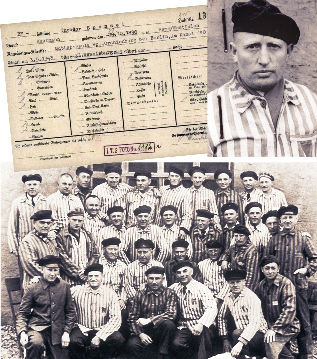 Collage: 1. Theodor Sponsel’s prisoner card. 2. Theodor Sponsel in his camp uniform. 3. A group of Jehovah’s Witnesses after their release from a concentration camp.