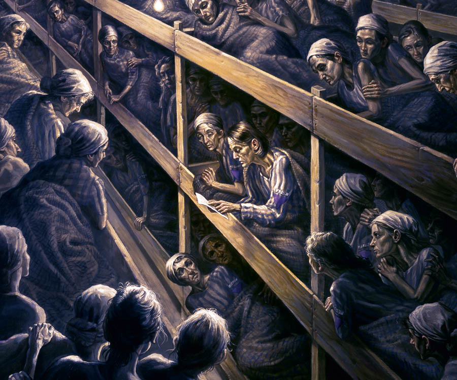 Jehovah’s Witnesses at a concentration camp for women. One of them is reading Bible literature to others in a barracks.