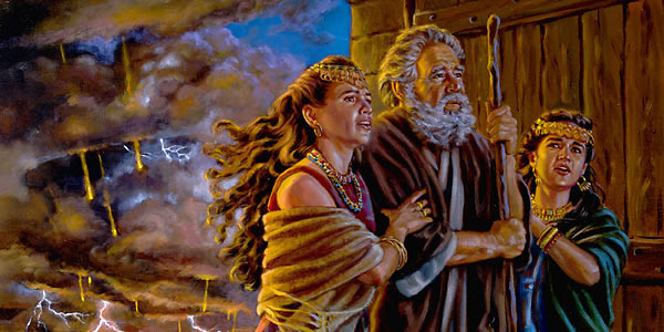 Lot and his two daughters arriving safely at Zoar while sulfur and fire rain down on Sodom and Gomorrah.