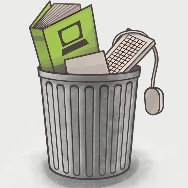 A garbage can filled with outdated computer items