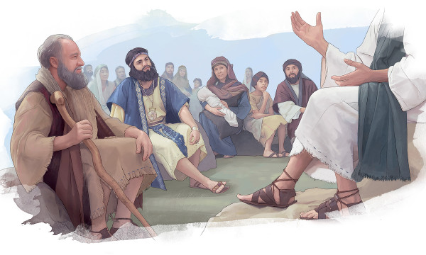 Men, women, and children listen to Jesus