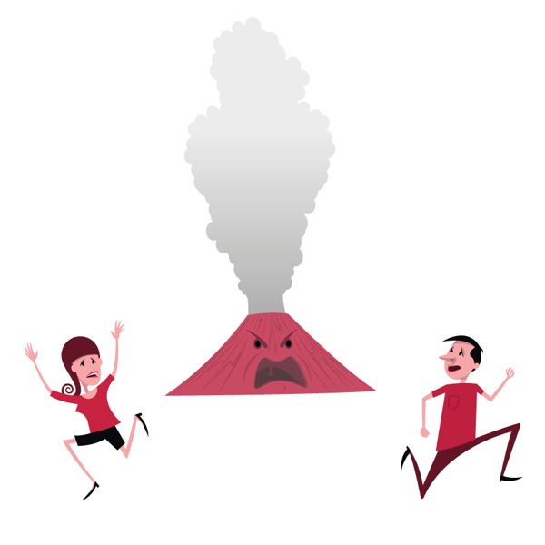 Two people running away from an erupting volcano