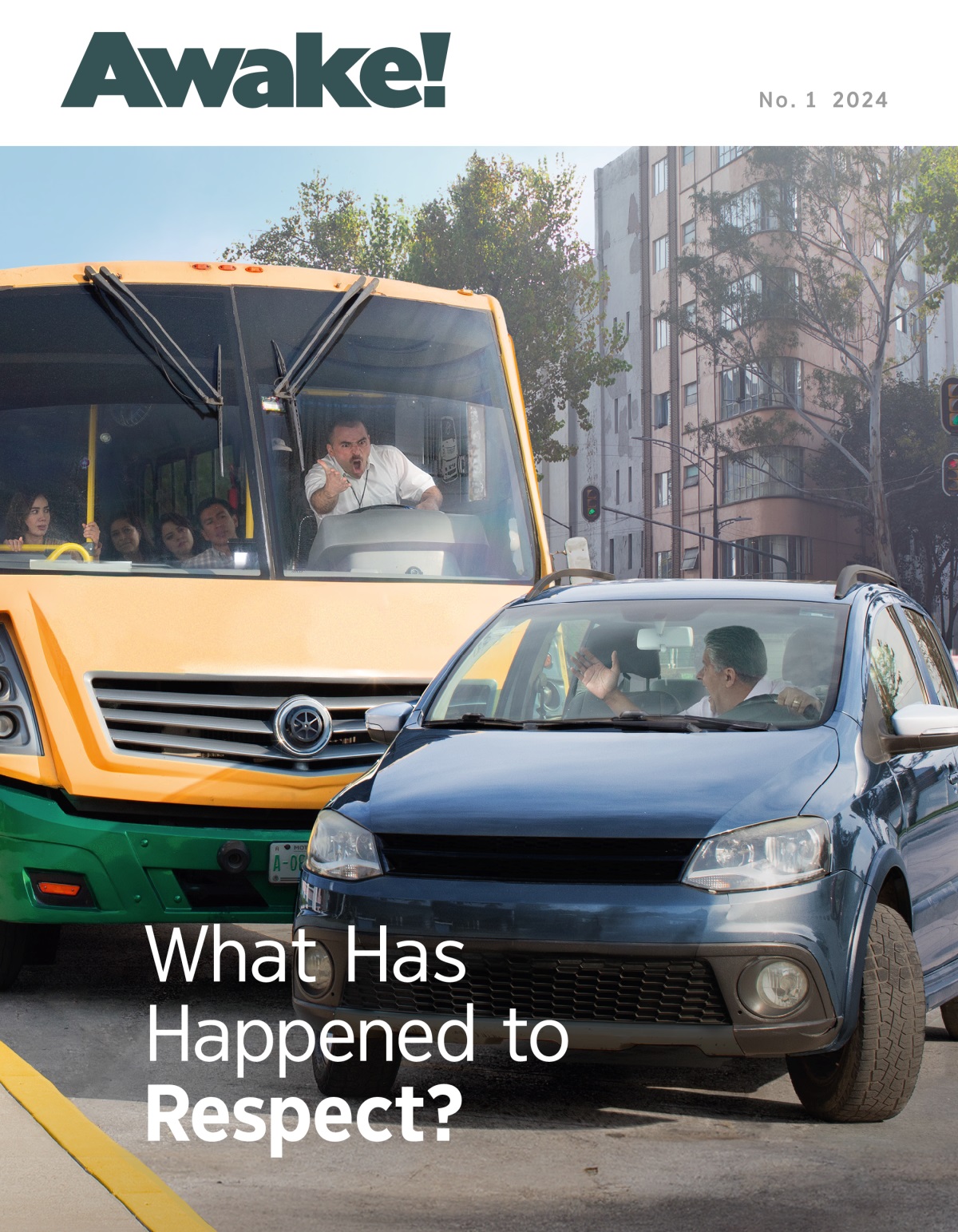 An angry bus driver yelling at another driver who has cut him off in traffic.