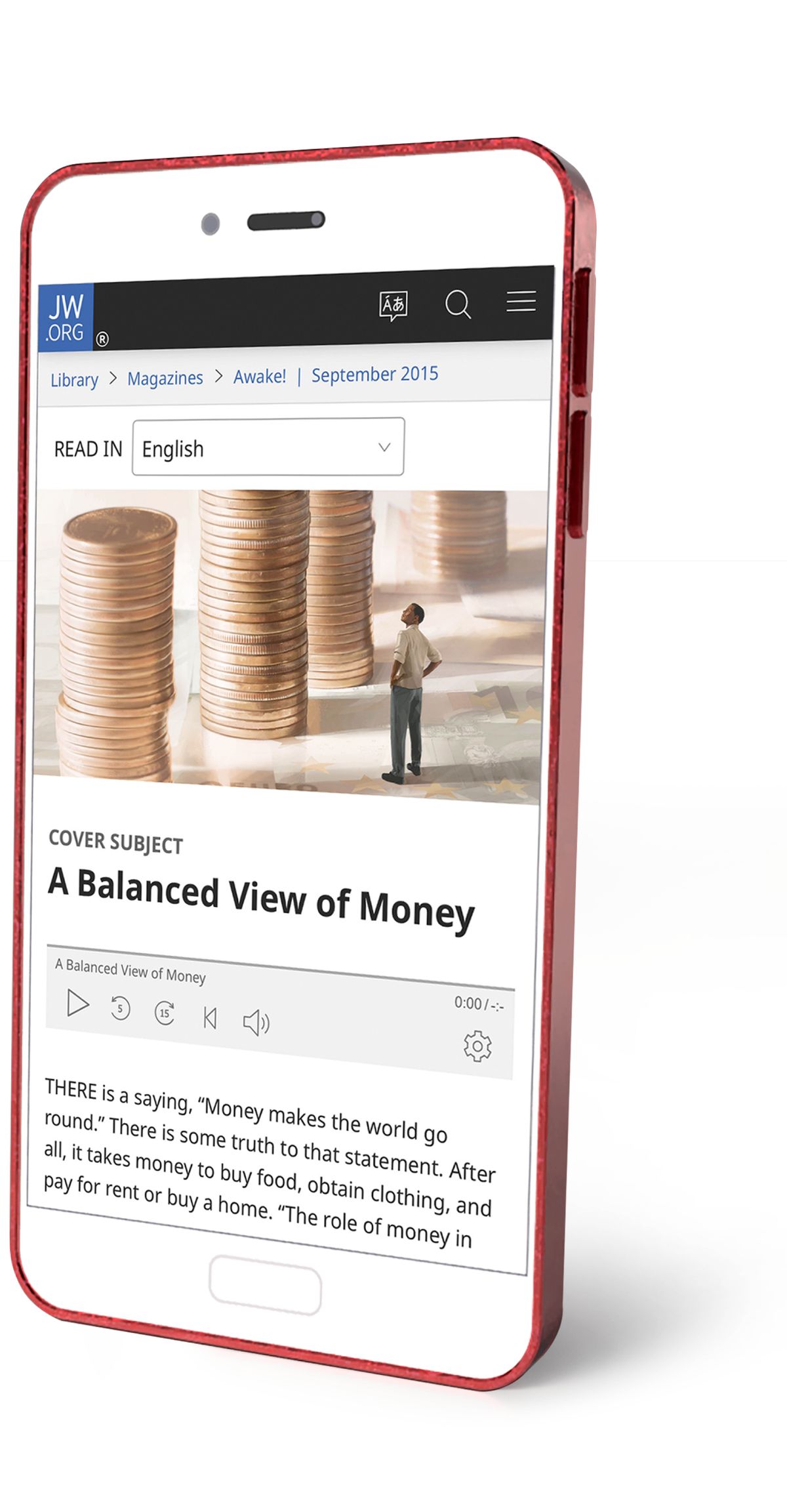 A smartphone displaying the article “A Balanced View of Money” from jw.org.