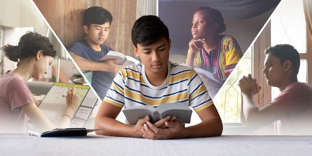 A teenage boy reading the Bible. Collage: 1. A teenage girl writes down her Bible reading schedule on a calendar. 2. A teenage boy sits in a quiet place and reads the Bible. 3. A teenage girl thinks deeply about what she is reading in the Bible. 4. A teenage boy prays.