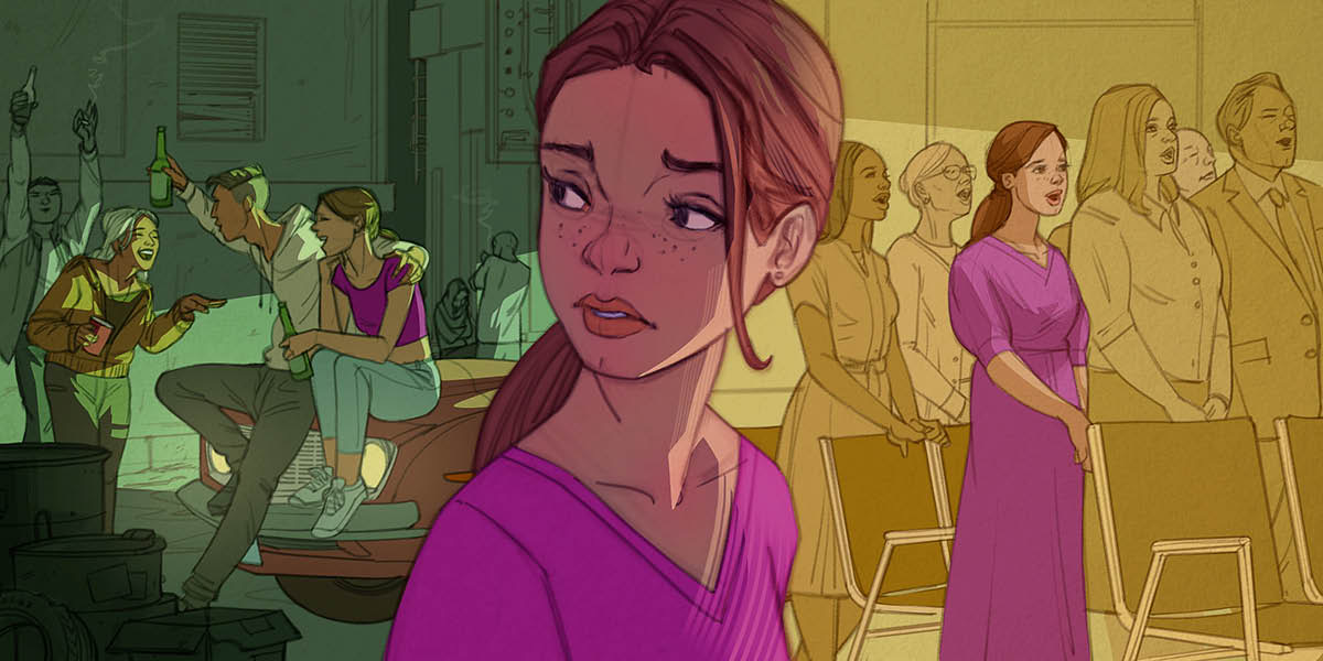 Scenes contrasting how a young sister spends her time. 1. The sister hangs out with her peers, some of whom are drinking and smoking. A boy has his arm around her. 2. The same sister is at the Kingdom Hall, well-dressed and singing with the congregation.