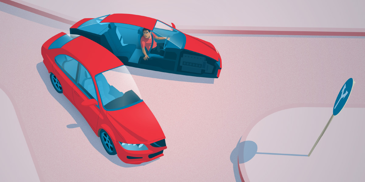 A driver in his car at a fork in the road. The car is cut in half, and each half of the car is headed down a different road.