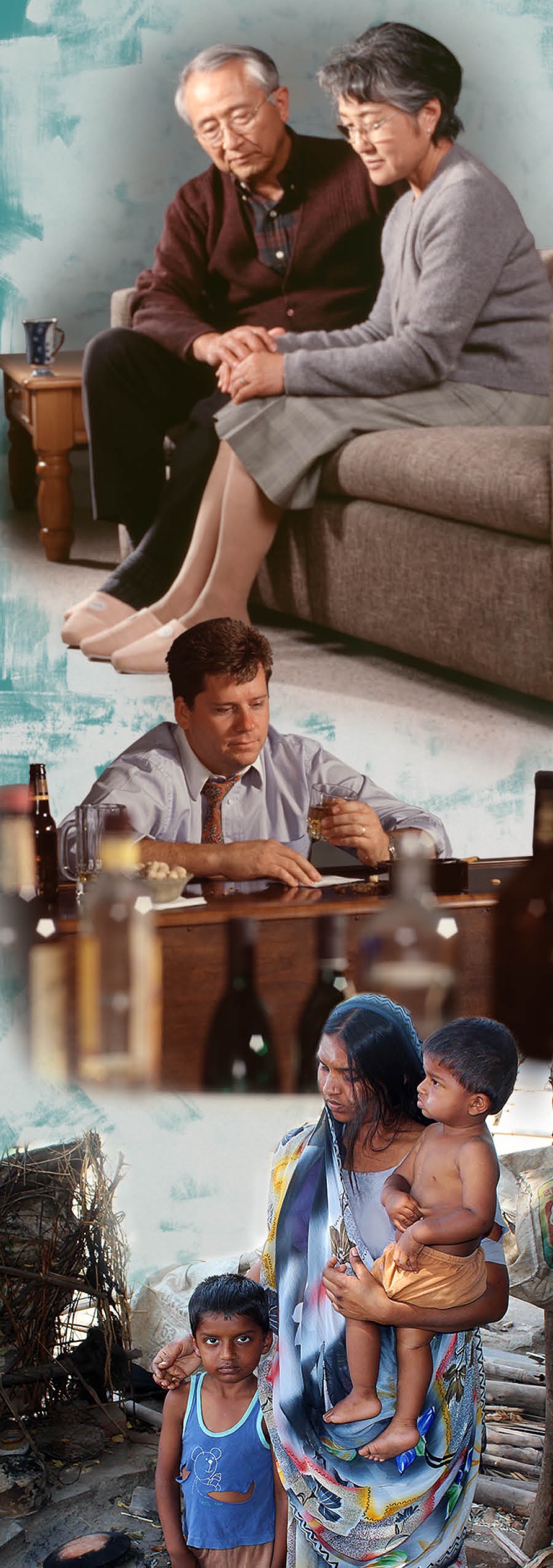 A married couple cope with stress; a man drinks alcohol alone; a family lives in extreme poverty