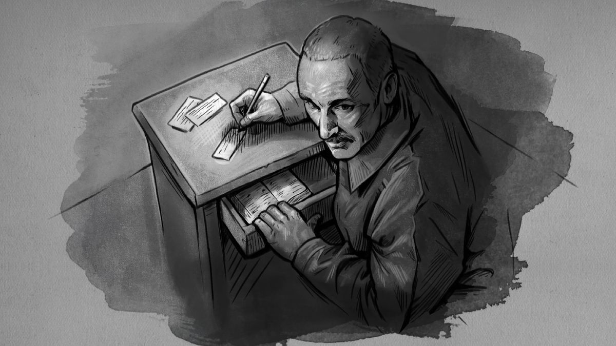Virgilijus writing on small pieces of paper at a desk in his prison cell. He looks over his shoulder. There is a Bible hidden inside the desk drawer.