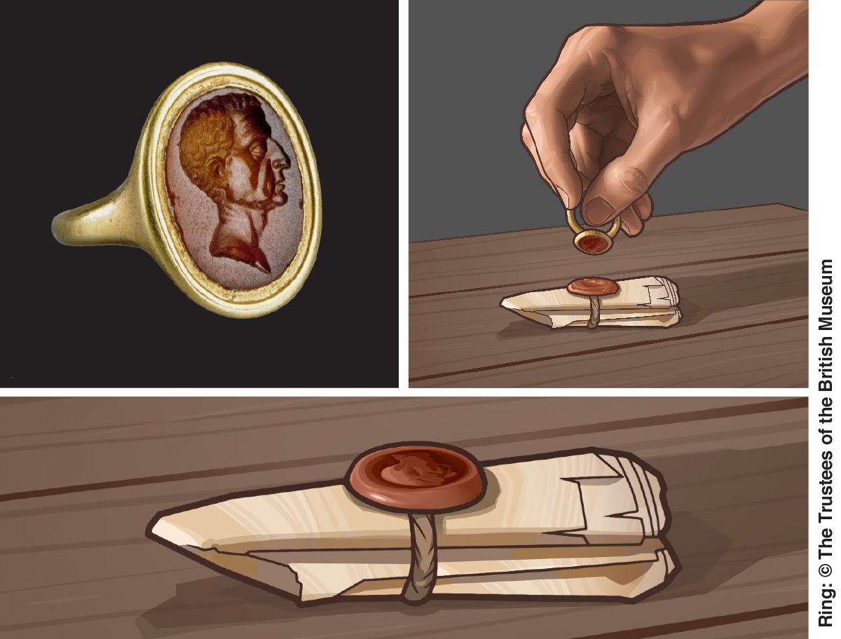 A ring is used to make an impression upon a seal on a document