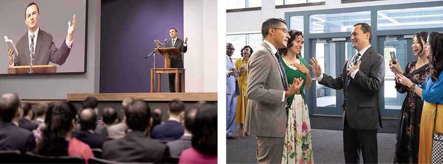 Collage: 1. A brother gives a talk at an assembly. 2. The brother receives praise and attention from others, but he humbly refuses the glory.