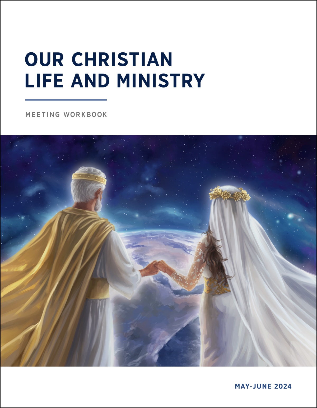 Jesus and his symbolic bride holding hands and observing the earth from heaven.