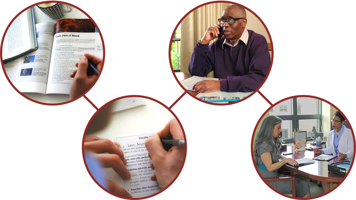 Scenes from the video “Are You Prepared for Medical Situations?” 1. A brother does research using the Bible and lesson 39 of the “Enjoy Life Forever!” book. 2. A brother fills out a durable power of attorney. 3. A member of the Hospital Liaison Committee provides support over the phone. 4. A sister presents documents to a doctor.