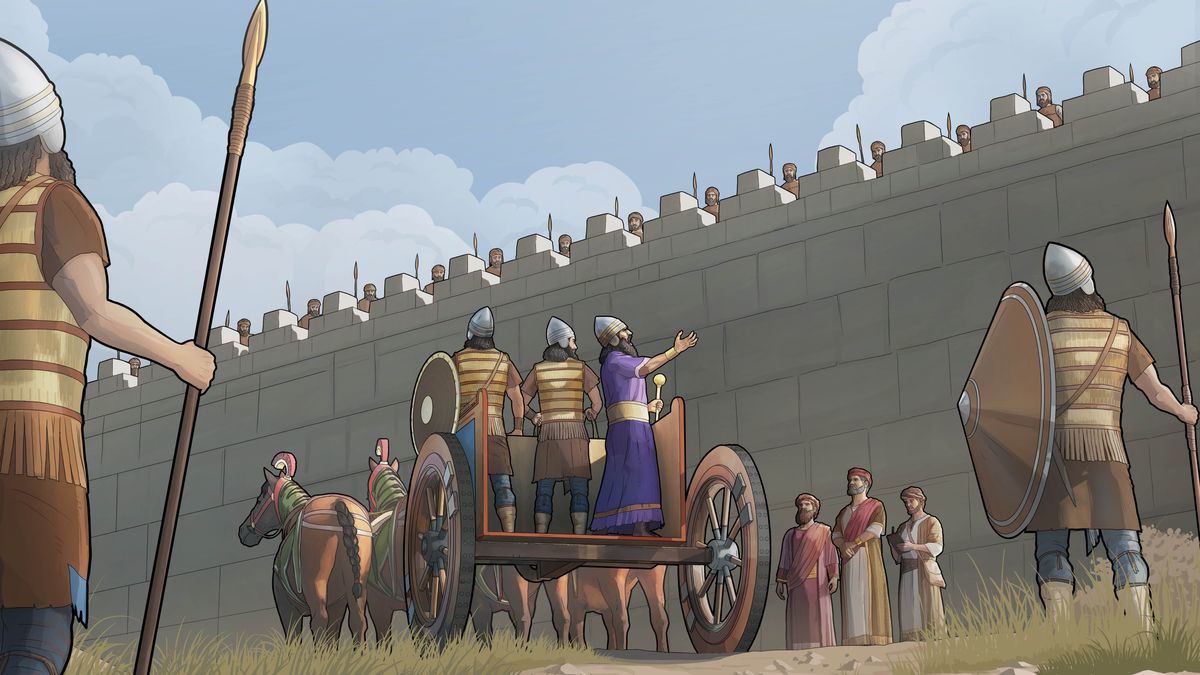 The Rabshakeh shouting from a chariot in front of the wall of Jerusalem. Soldiers listen from the top of the wall.