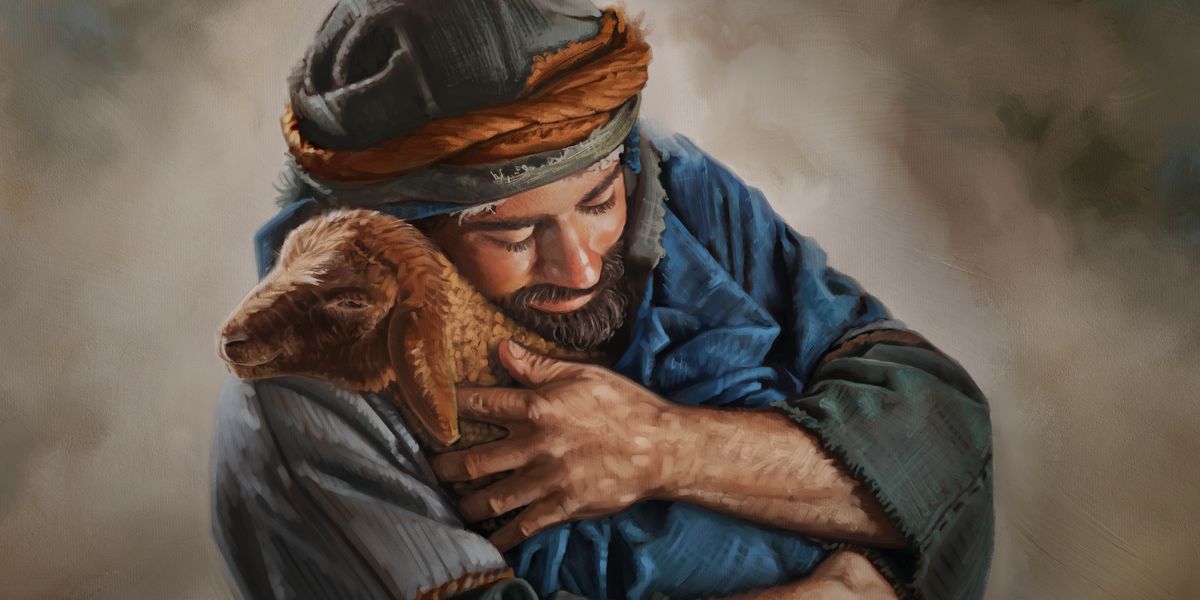 A shepherd lovingly cradling his lamb in his arms.
