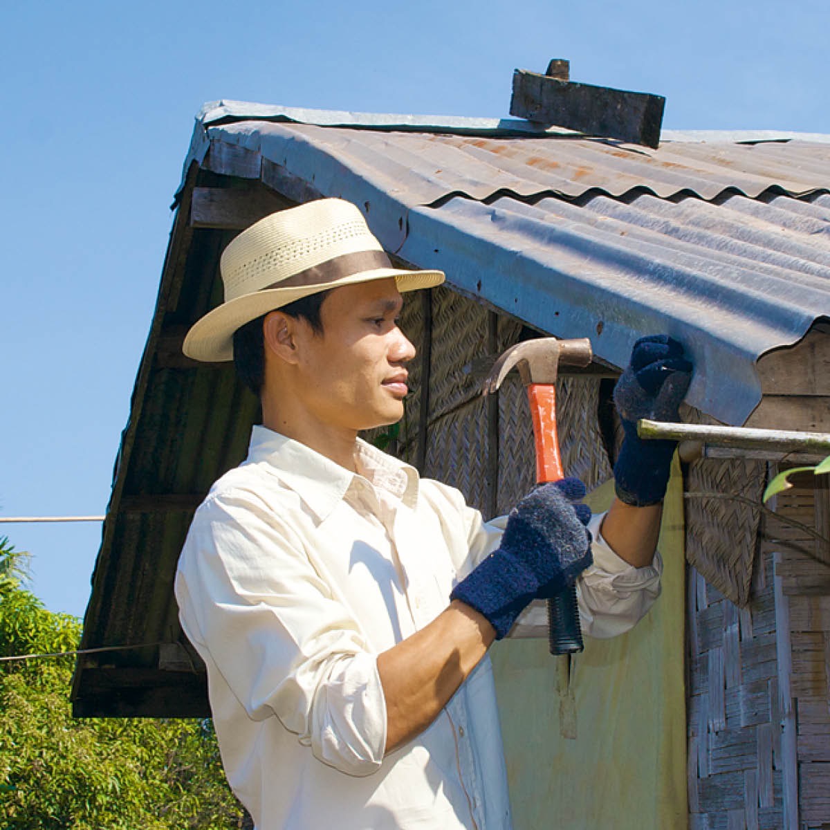 A man builds a house