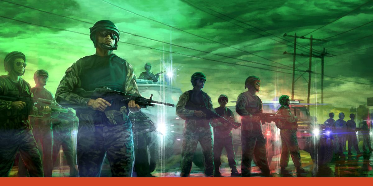 Military personnel with weapons and armored vehicles, standing ready to attack Jehovah’s people.