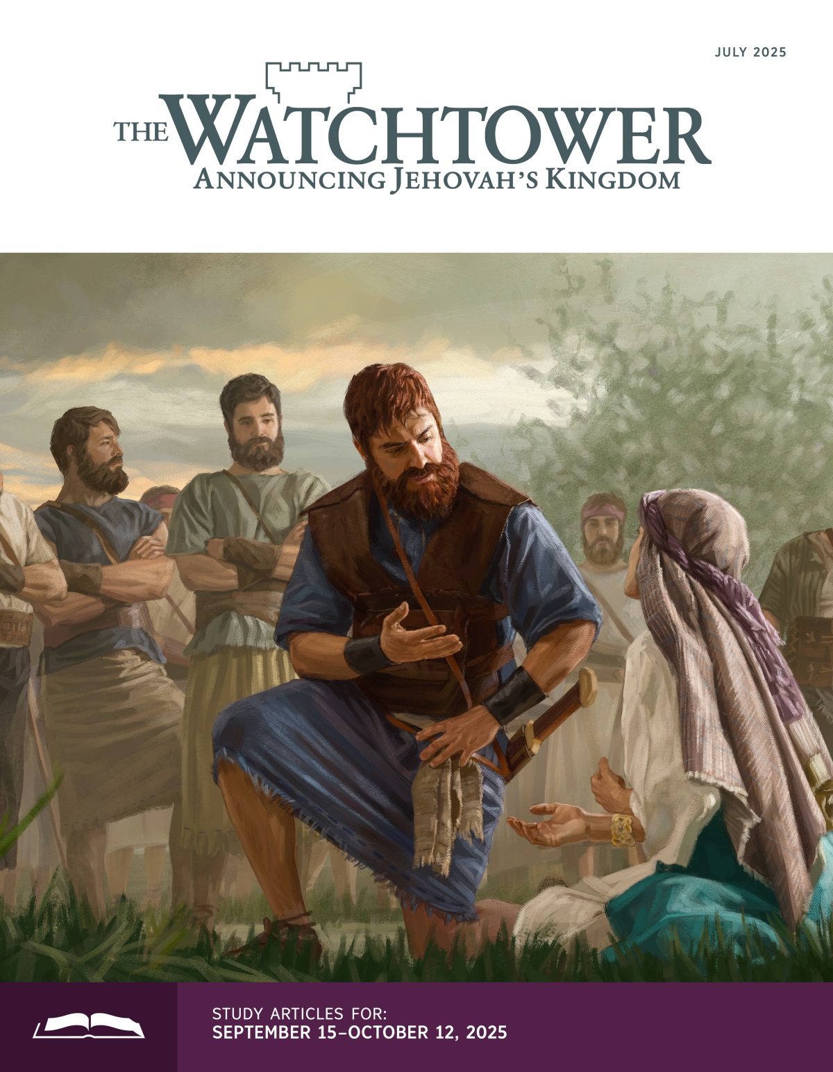 King David listening attentively to Abigail, who is sitting on the ground pleading with him. David’s men observe nearby.