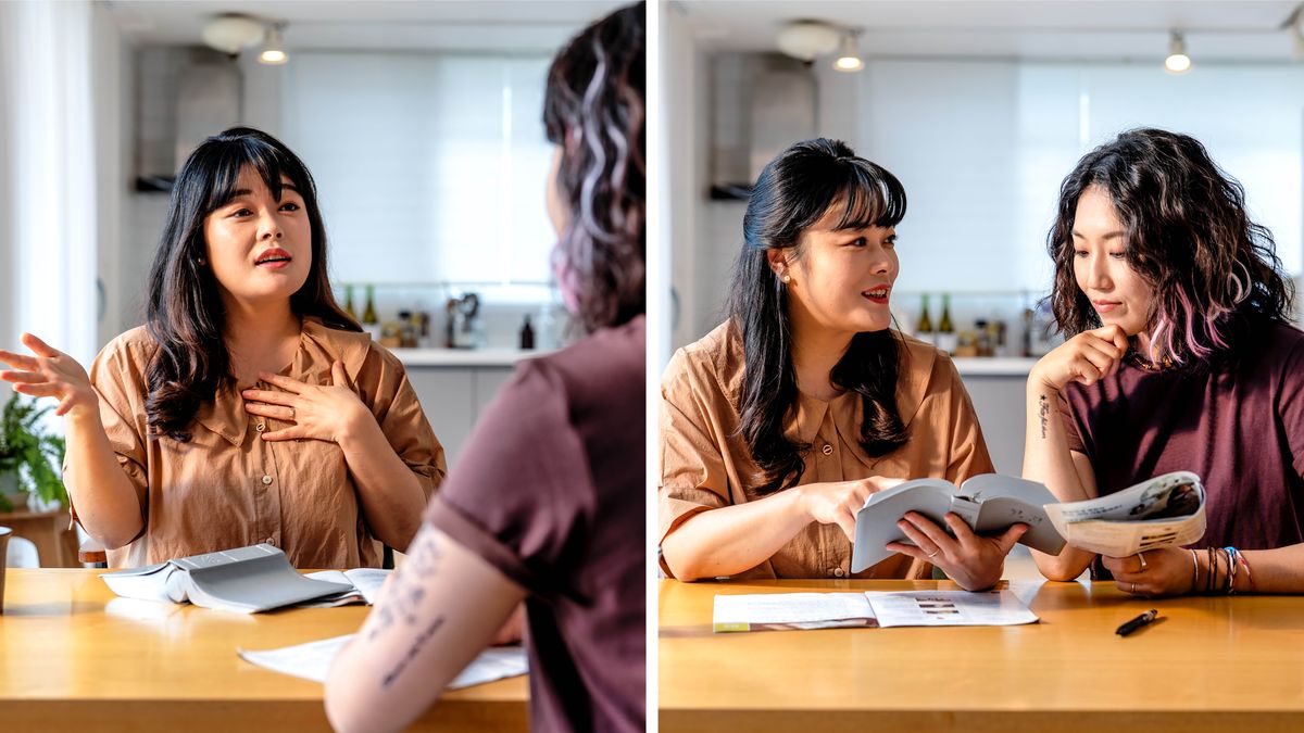Scenes contrasting how a sister conducts a Bible study with a young woman. 1. The sister talks about herself as her Bible is turned over on a table. 2. The sister holds her Bible open and shows a scripture to the student.