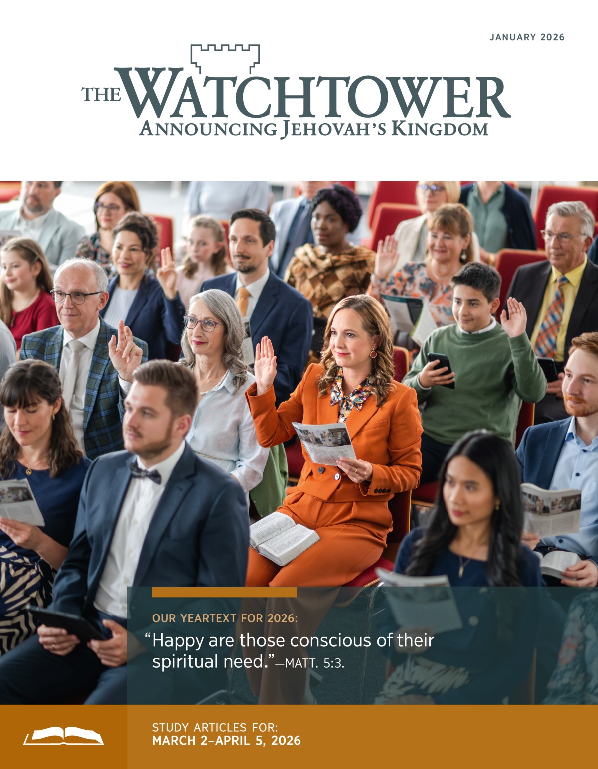 A sister raising her hand to comment during the “Watchtower” Study. Other brothers and sisters also raise their hand.