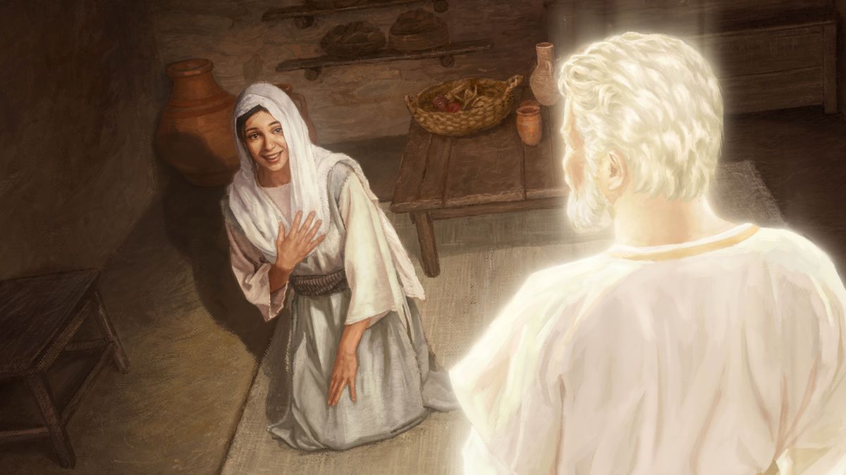 Mary, overwhelmed with emotion, kneeling on the floor and speaking with the angel Gabriel.