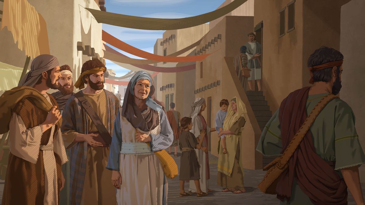 Mary and three of her sons walking down a bustling street in Jerusalem.