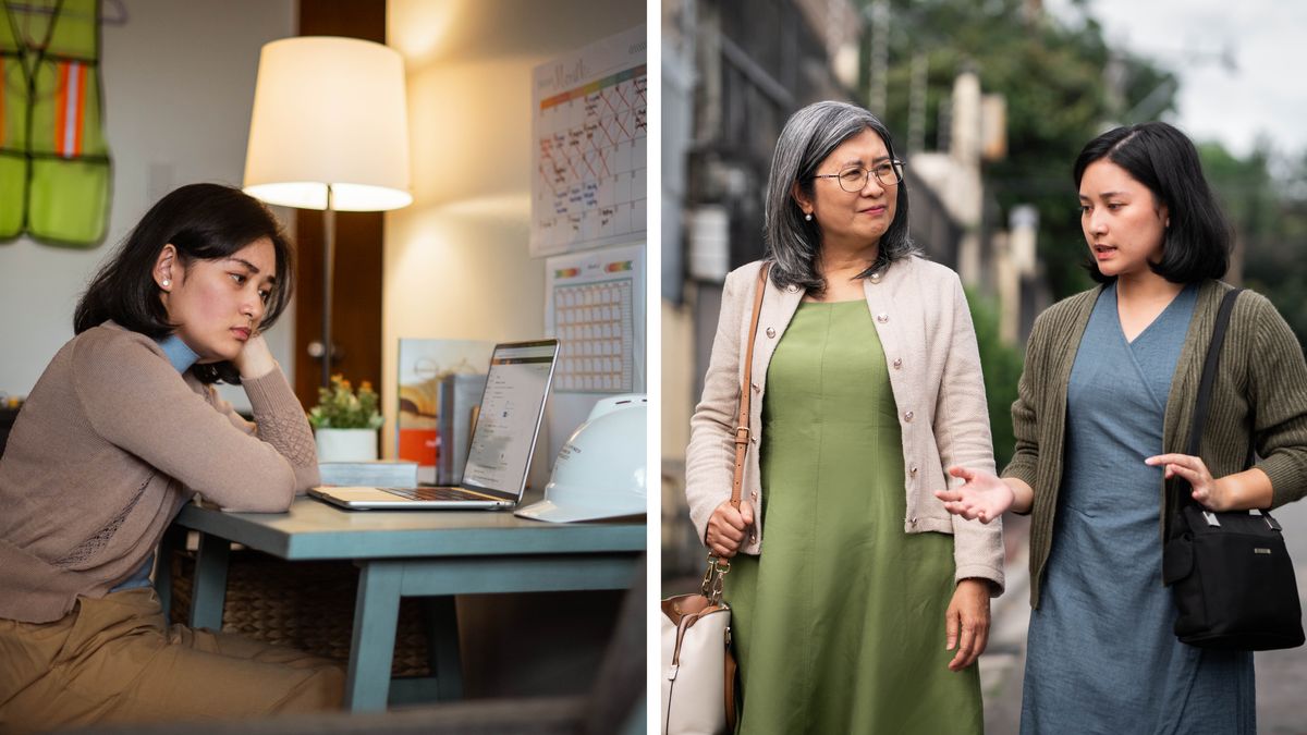 Collage: 1. An overwhelmed sister sits at her desk and stares at her laptop and hard hat. A calendar marked with many activities hangs on the wall. 2. The sister speaks with an experienced older sister while in the door-to-door ministry.