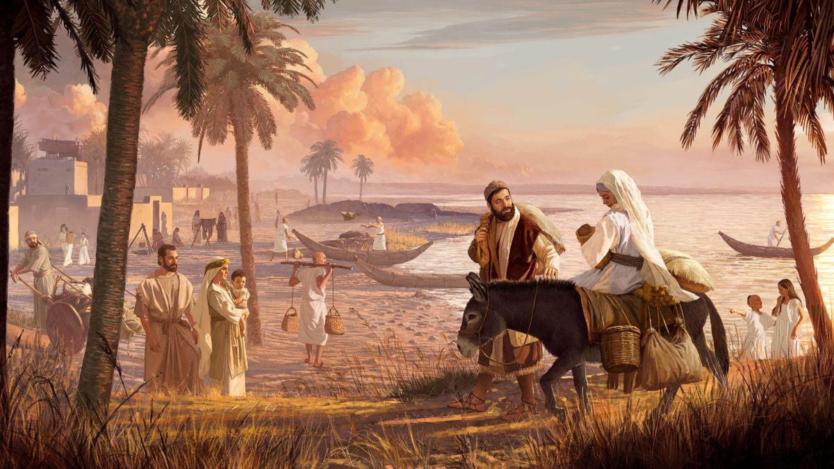 Joseph leading his family into an Egyptian town while Jewish and Egyptian residents observe them. Mary holds the infant Jesus as she rides a donkey.