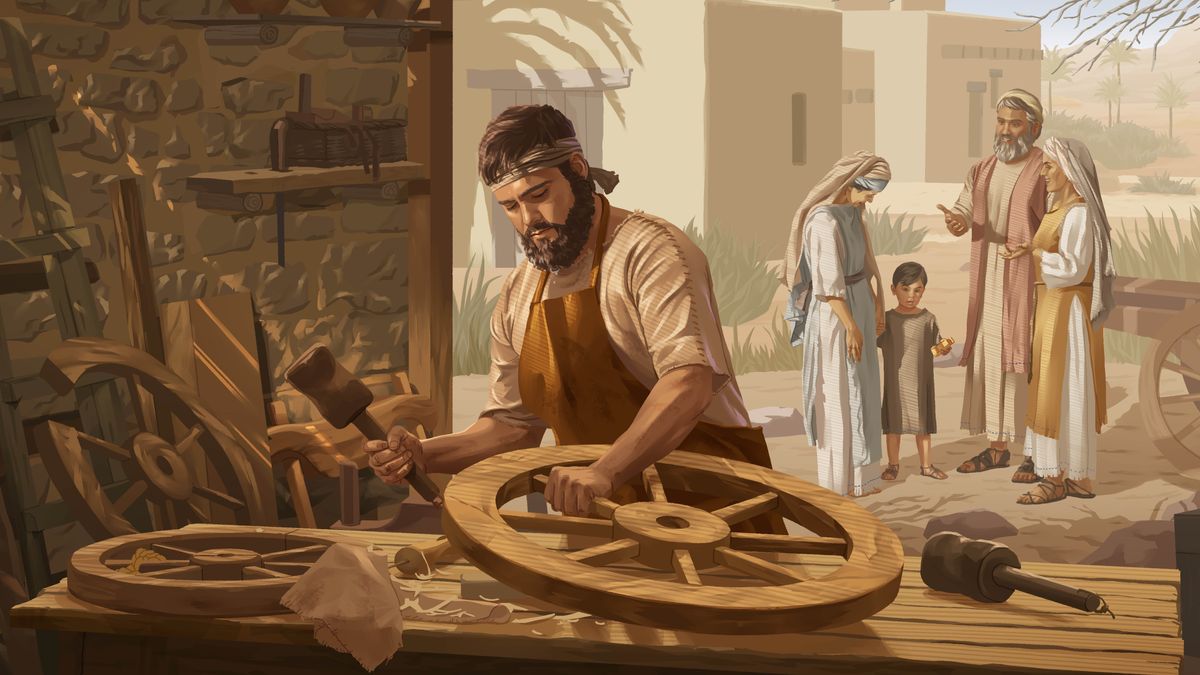 Joseph repairing a wooden wheel in his carpentry shop. Mary and young Jesus visit with some neighbors nearby.