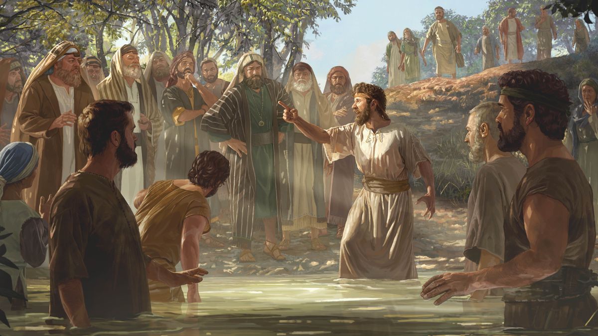 John the Baptist fearlessly denouncing a group of proud Sadducees and Pharisees as he stands in the Jordan River. Newly baptized ones and others nearby observe what is happening.