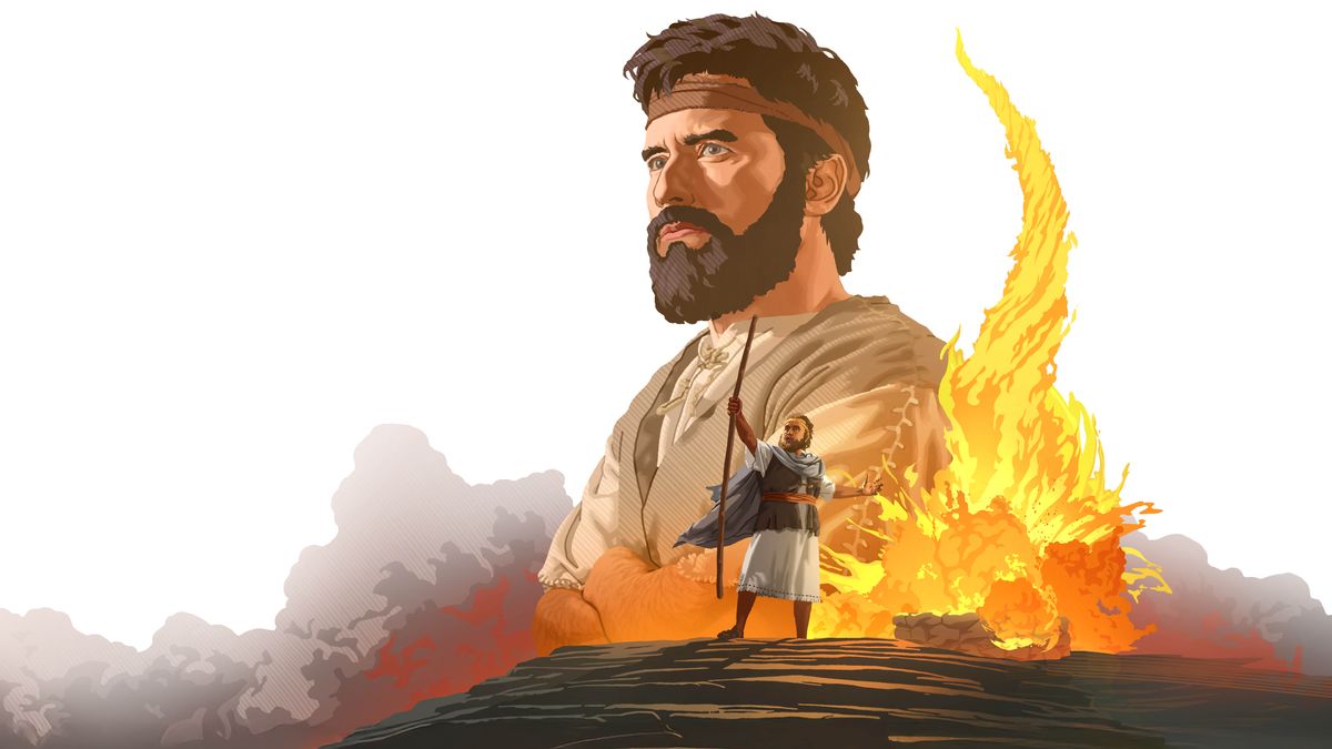 Collage: 1. John the Baptist confidently looks straight ahead. 2. Elijah courageously calls down fire from heaven at Mount Carmel.