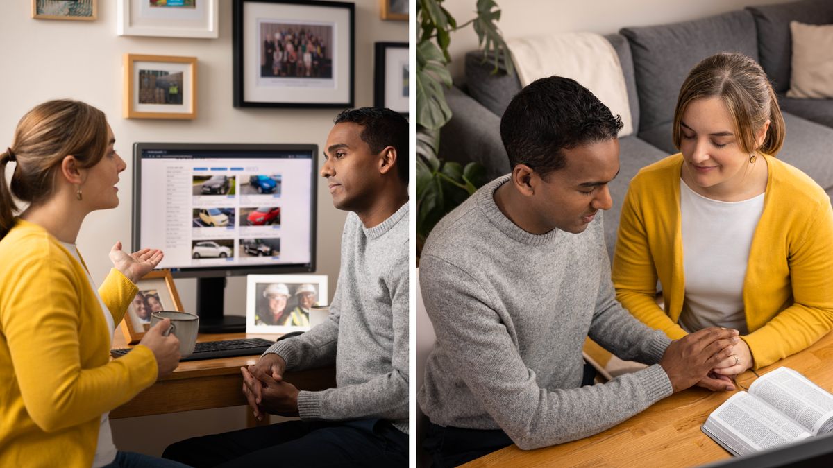 Collage: A young couple discussing whether they should purchase a car. 1. They research cars on their computer and discuss their options. 2. Later, they pray together. An open Bible is on the table in front of them.