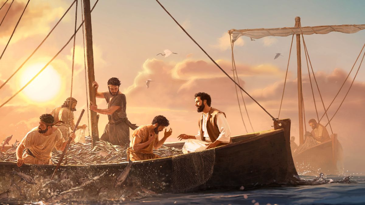 Peter falling to his knees in front of Jesus who is sitting at the front of a boat. Fishermen struggle to pull in their nets as the entire boat fills with fish.