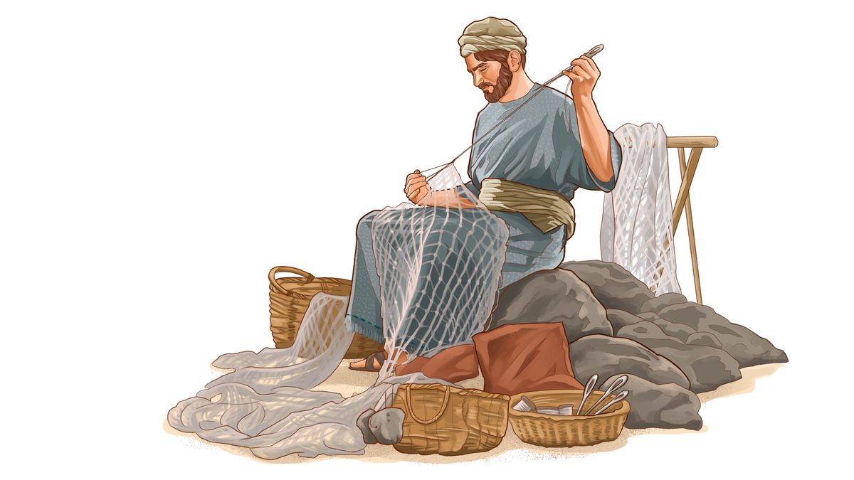 A first-century fisherman mending a fishing net.