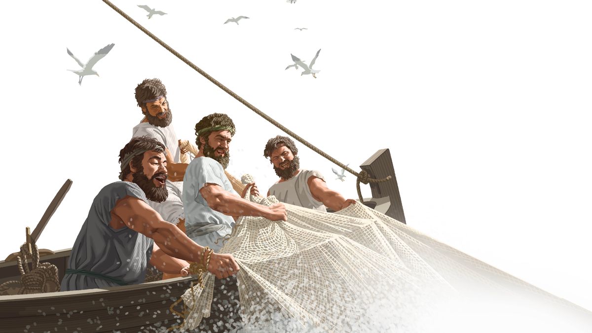 Four first-century fishermen strenuously pulling a net filled with fish into a boat.